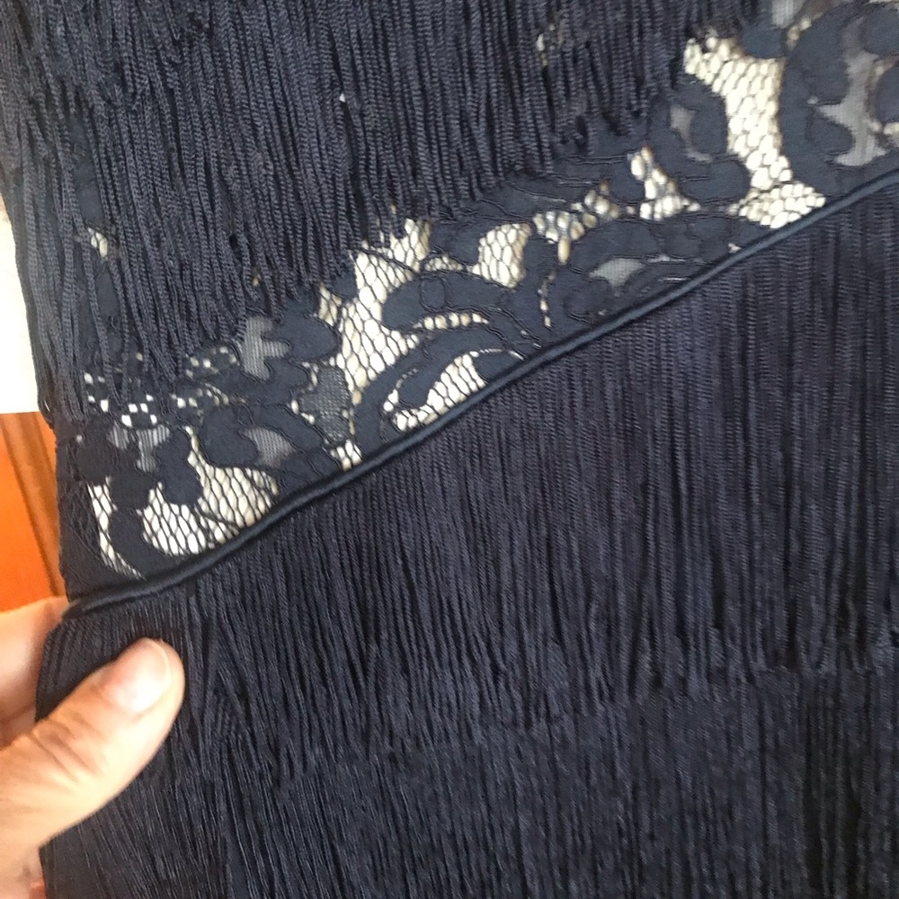 From Bloomingdale’s  navy long evening gown with all fringes and fully lined - Picture 7 of 17